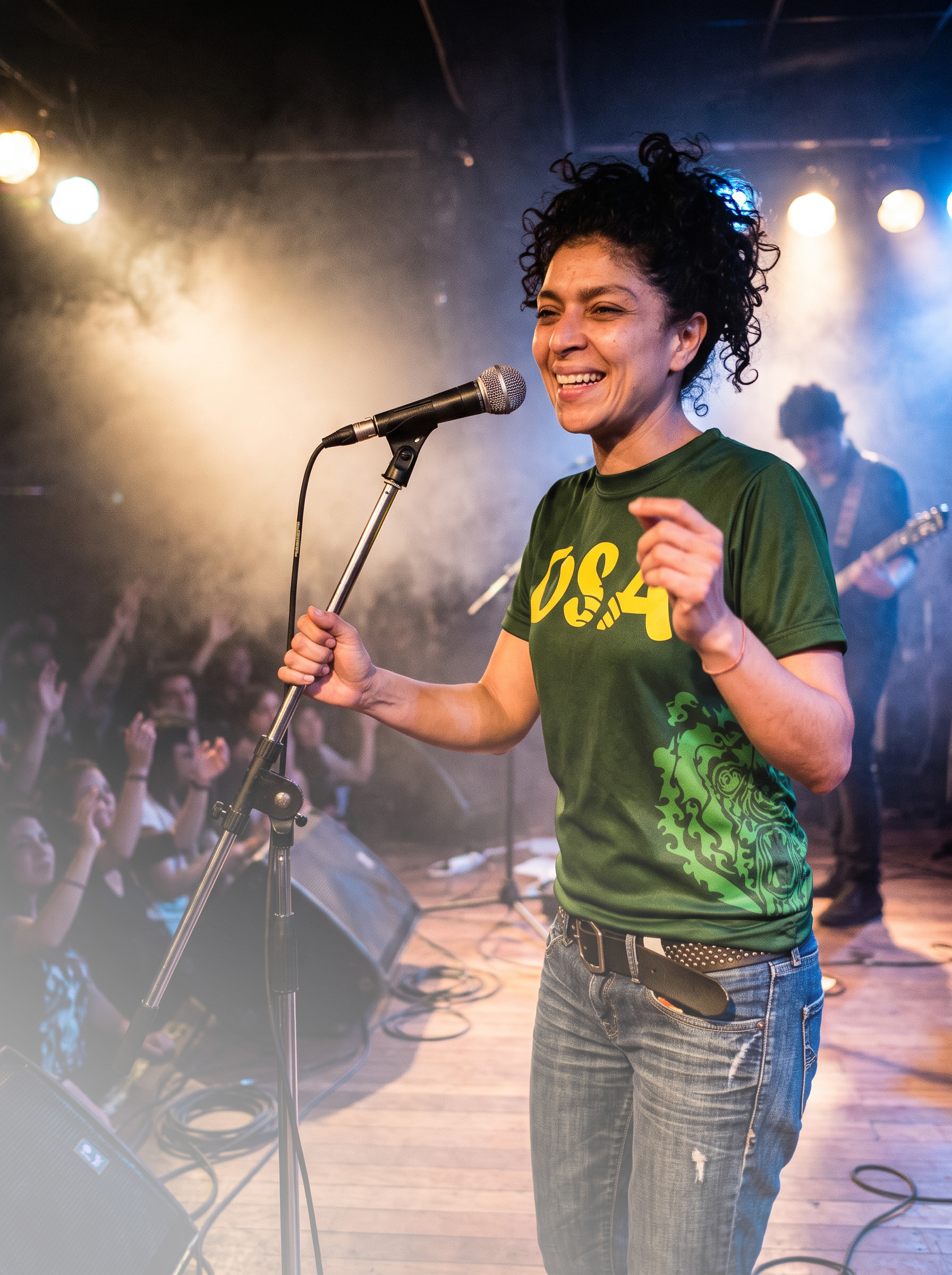 Ángela Locarno, cantante colombiana, interpretando baladas rock en vivo con micrófono