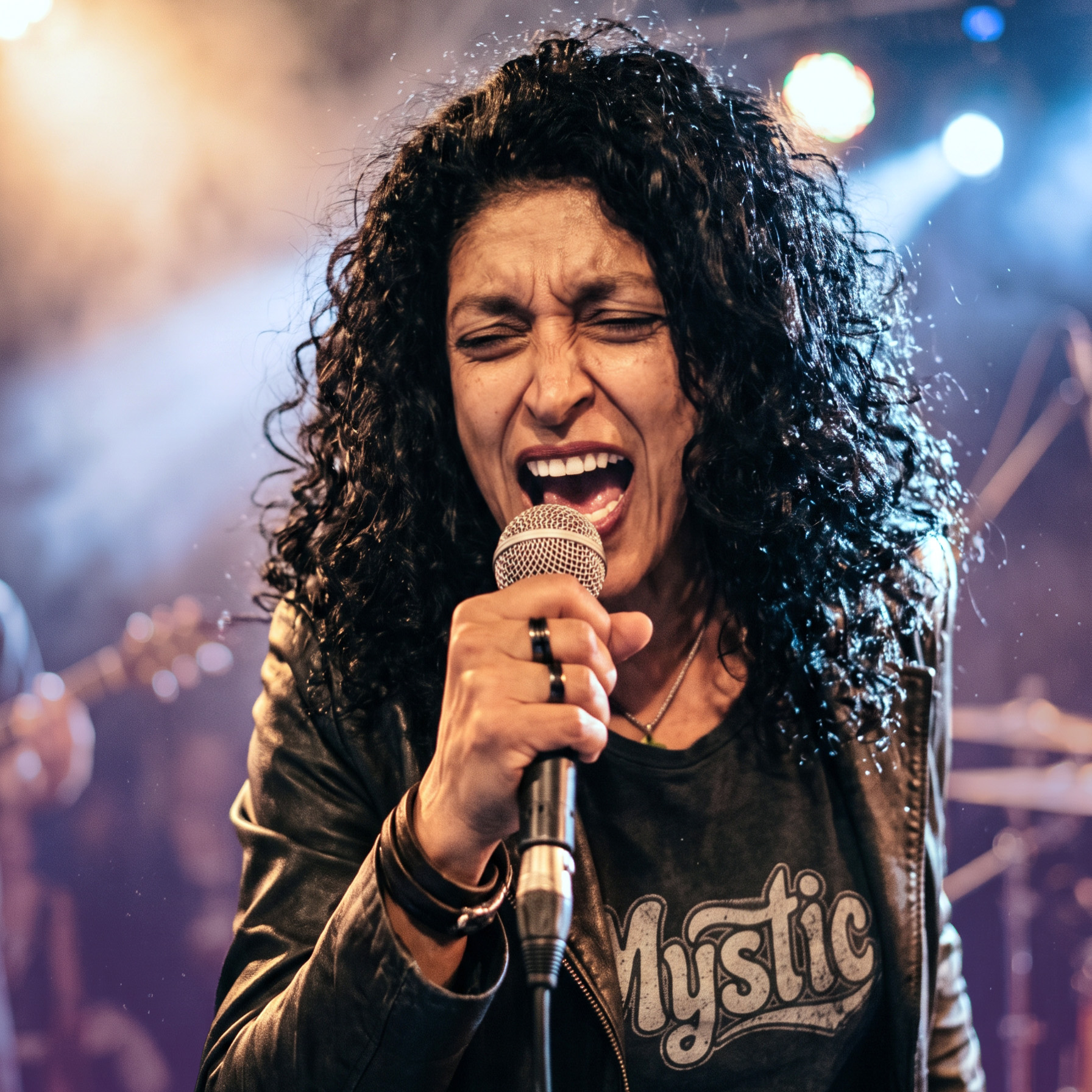 Ángela Locarno cantando baladas rock con voz desgarradora en escenario en vivo